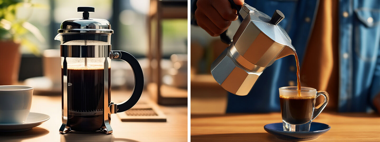 french press and stove top coffee maker